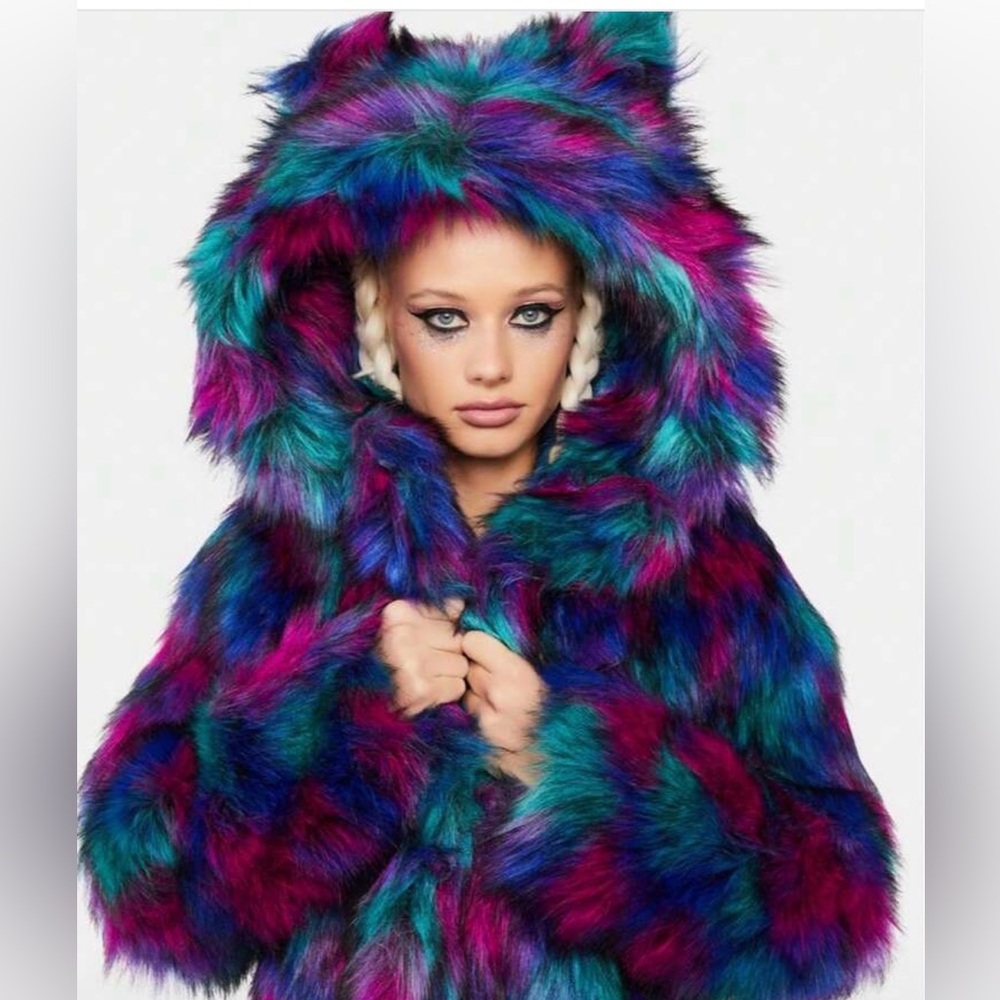 1X (size 14) available. Vibrant Multicolor Faux Fur Coat